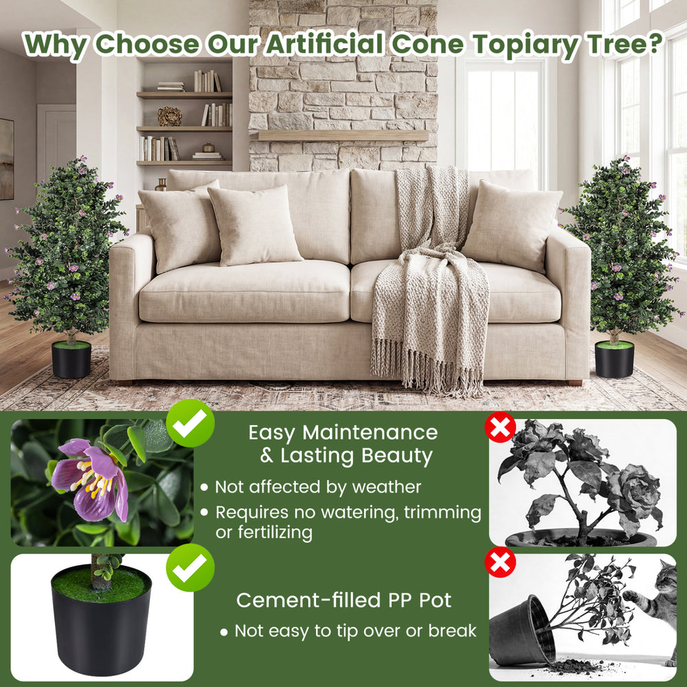 Artificial topiary cone tree with 49 purple flowers in a cement-filled pot, perfect for indoor and outdoor decor.