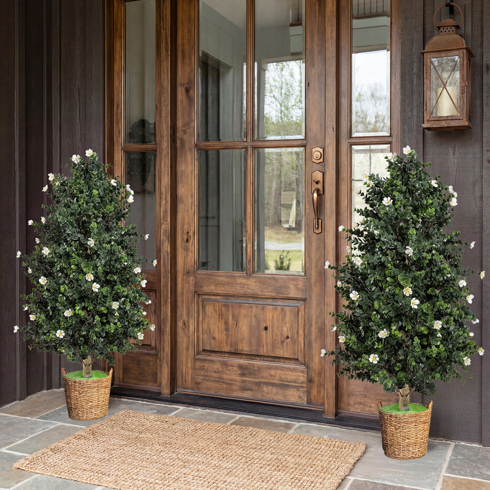 2 Pack Artificial Topiary Cone Tree Faux Potted Shrub Plant with 49 Flowers-White - Gallery View 1 of 10