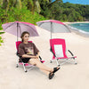 Two pink beach umbrella chairs with adjustable parasols, featuring UPF50+ protection and breathable mesh for comfort.