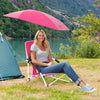 Beach umbrella chair in pink with adjustable parasol, providing UPF50+ sun protection for outdoor relaxation.