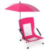 Pink beach umbrella chair with adjustable parasol, UPF50+ sun protection, and padded armrests for comfort.