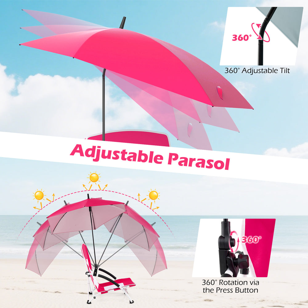 Adjustable pink parasol with 360° tilt and rotation, paired with a beach chair for sun protection and comfort.