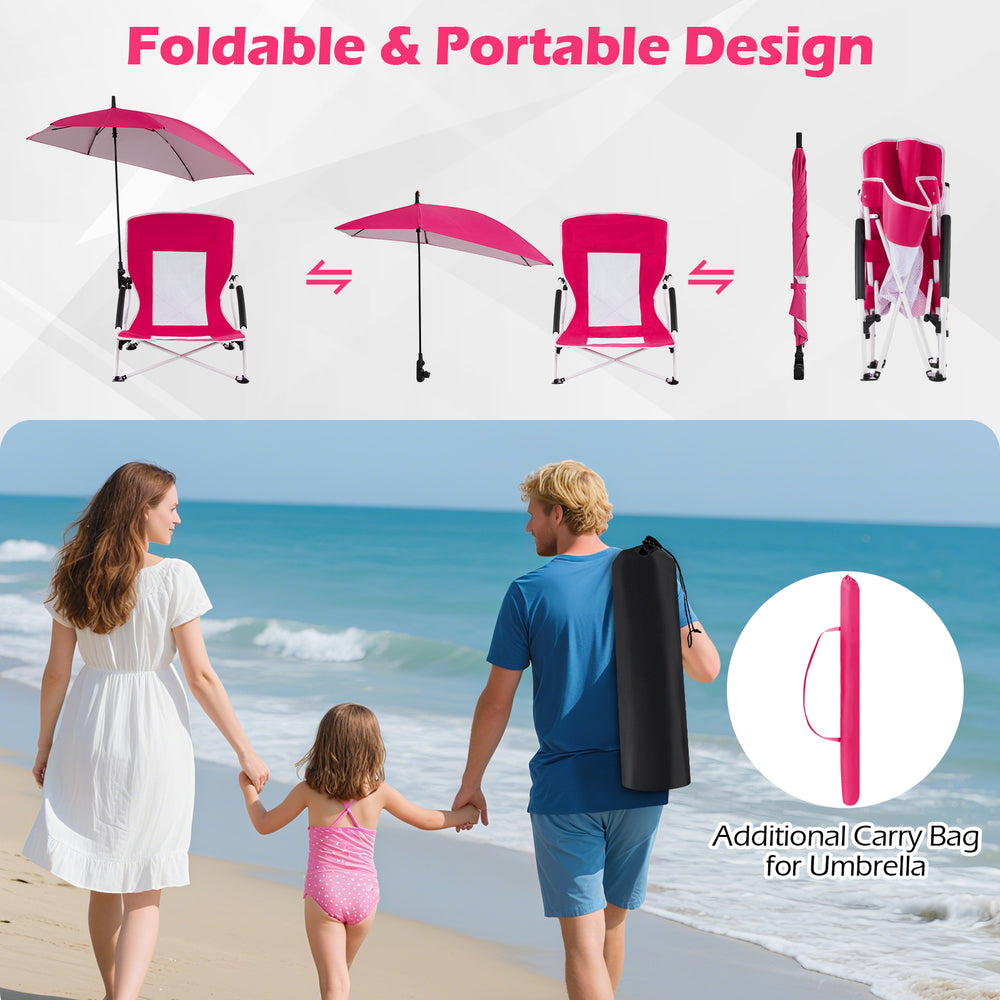 Pink beach umbrella chair set featuring adjustable parasol, breathable mesh, and portable design for outdoor relaxation.