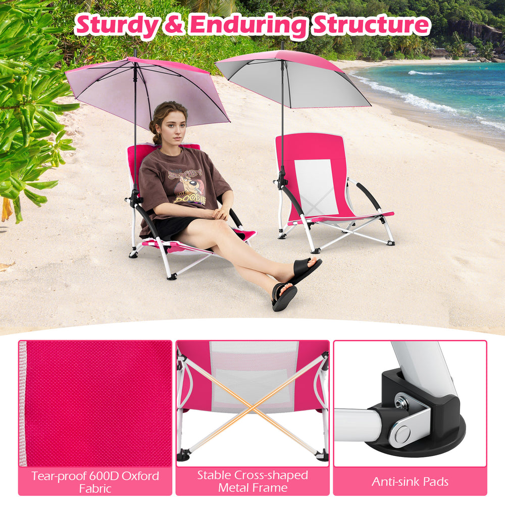Two pink beach umbrella chairs with adjustable parasols, featuring sturdy metal frames and breathable mesh for comfort.