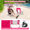 Two pink beach umbrella chairs with adjustable parasols, featuring sturdy metal frames and breathable mesh for comfort.