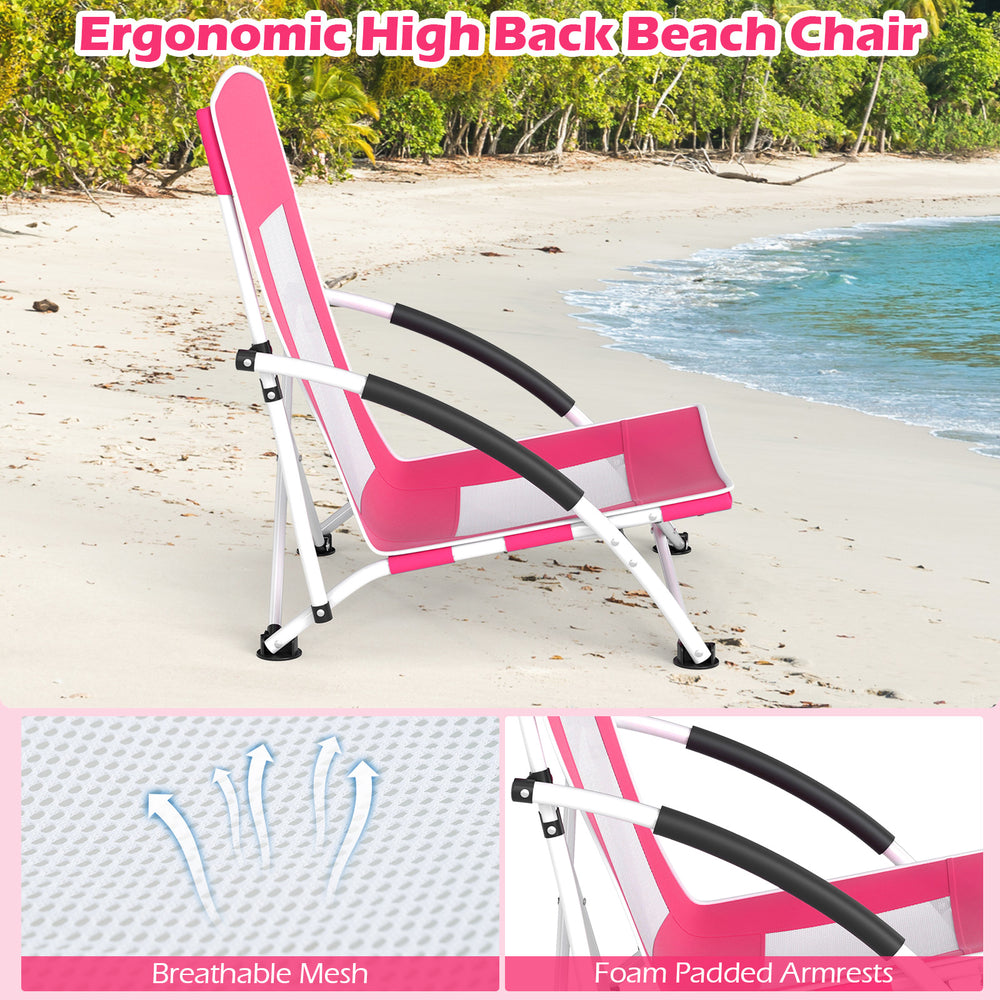 Ergonomic high back beach chair in pink with breathable mesh and padded armrests, perfect for outdoor relaxation.