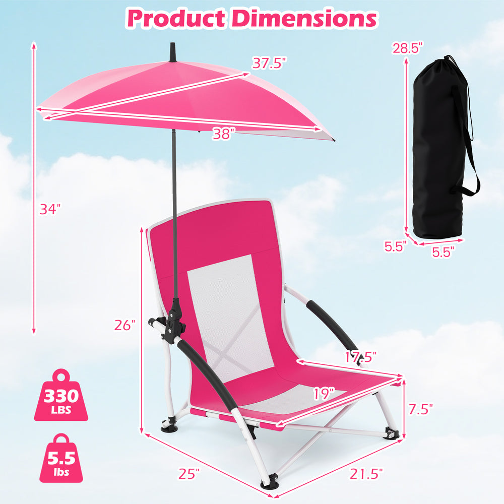 Pink beach umbrella chair with adjustable parasol, featuring UPF50+ protection and breathable mesh for comfort.