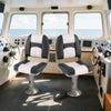 Two gray boat seats with thick sponge padding, PVC leather, and ergonomic design, ideal for marine use.