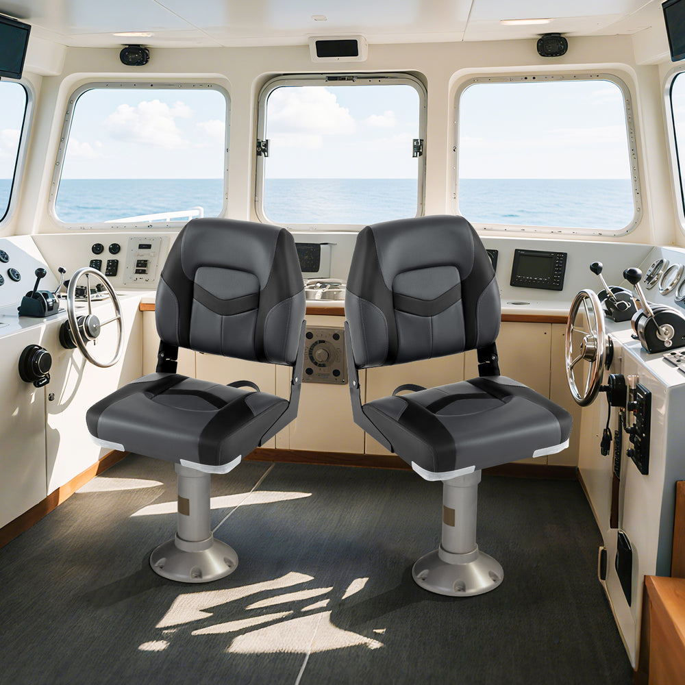 Two black boat seats with thick cushions and ergonomic design, ideal for marine use and easy installation.