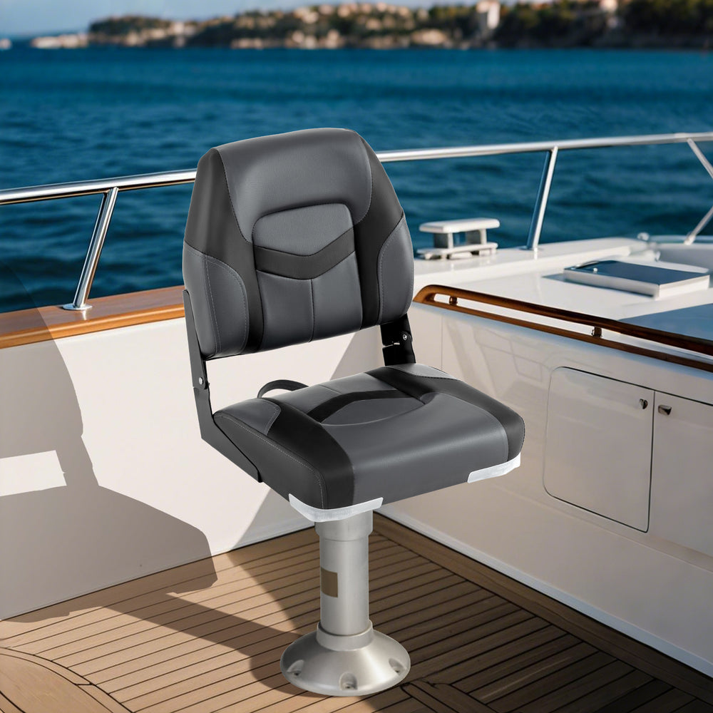 Black boat seat with thick cushions and PVC leather, designed for comfort and weather resistance on boats.
