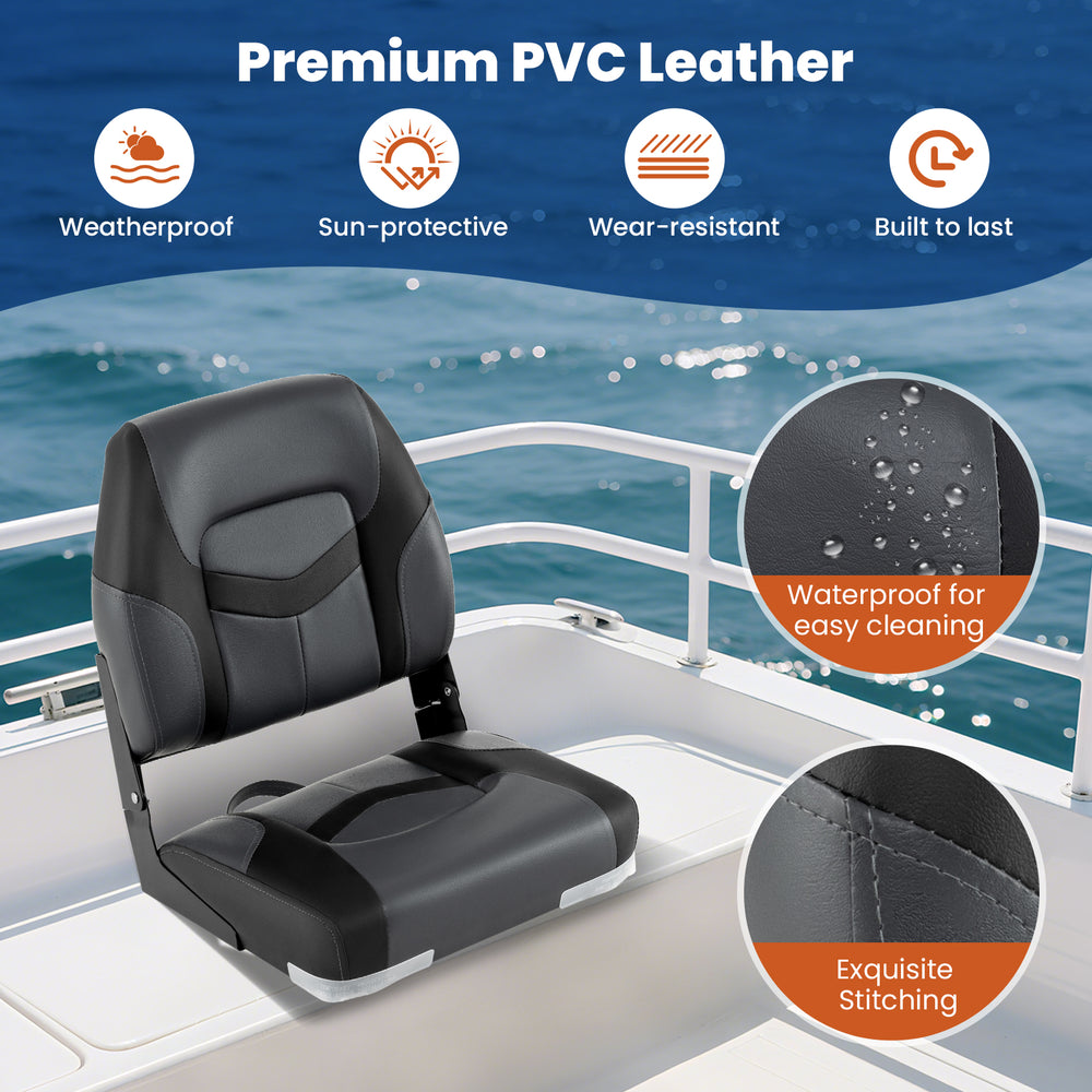Black boat seat with PVC leather, waterproof surface, and exquisite stitching, ideal for comfortable marine seating.