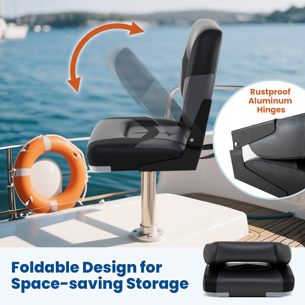 Foldable black boat seat with rustproof aluminum hinges, made of weather-resistant PVC leather for easy storage.