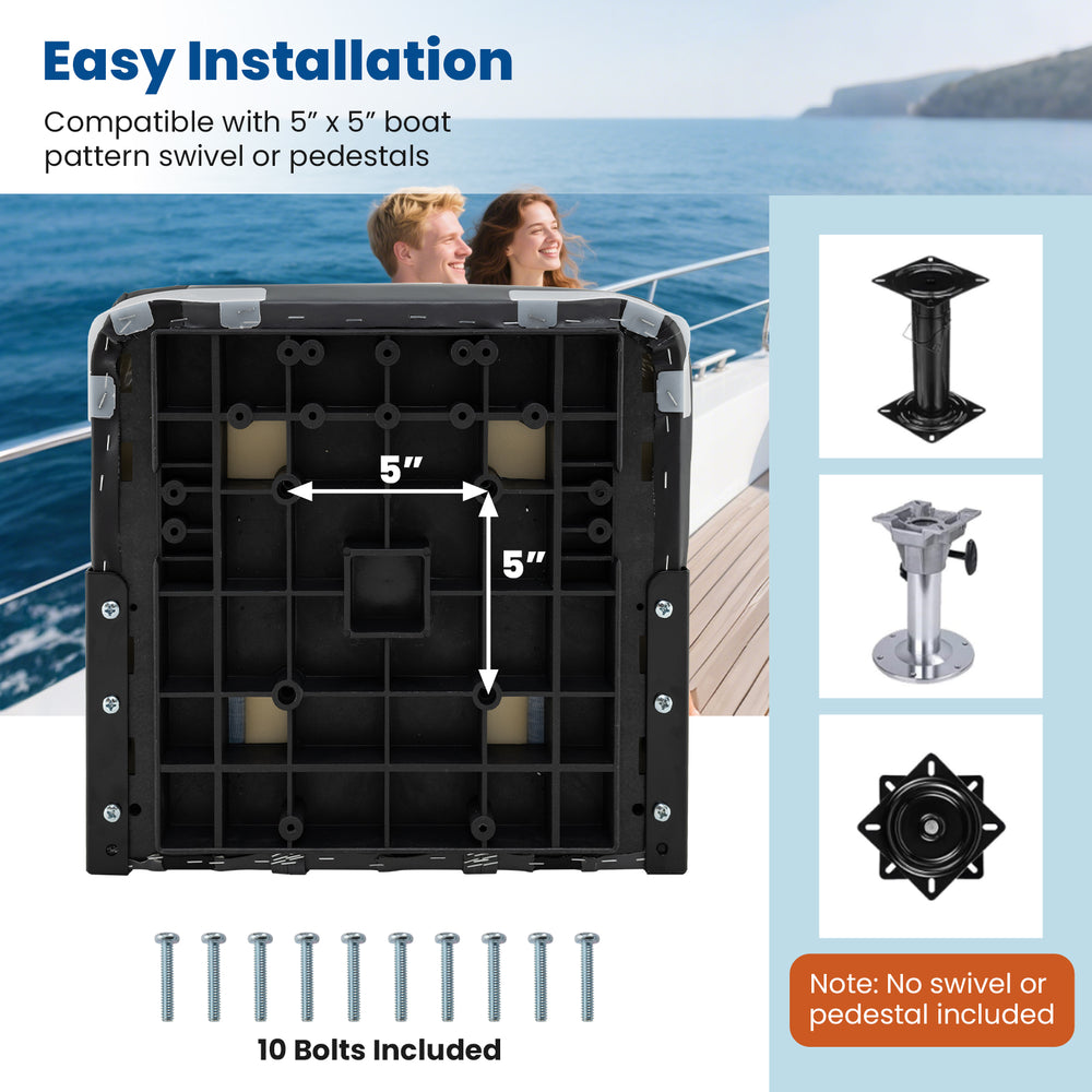 Black boat seat base with 5" x 5" bolt pattern, includes fixing bolts for easy installation and strong support.