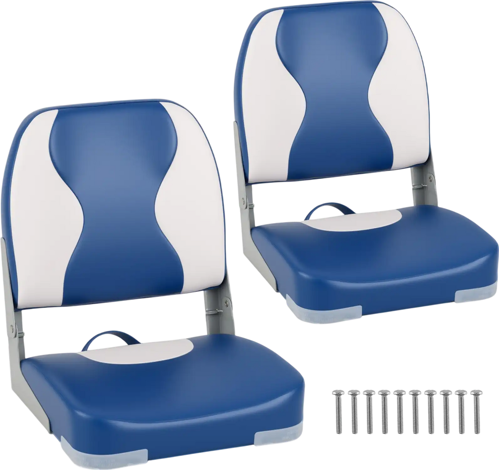 Blue boat seats with thick sponge padding, PVC leather, ergonomic design, foldable for easy storage, includes.