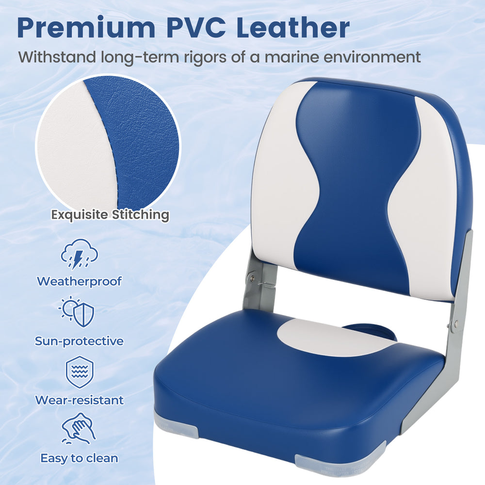 Blue boat seat with thick sponge padding, made of weather-resistant PVC leather, ideal for marine environments.