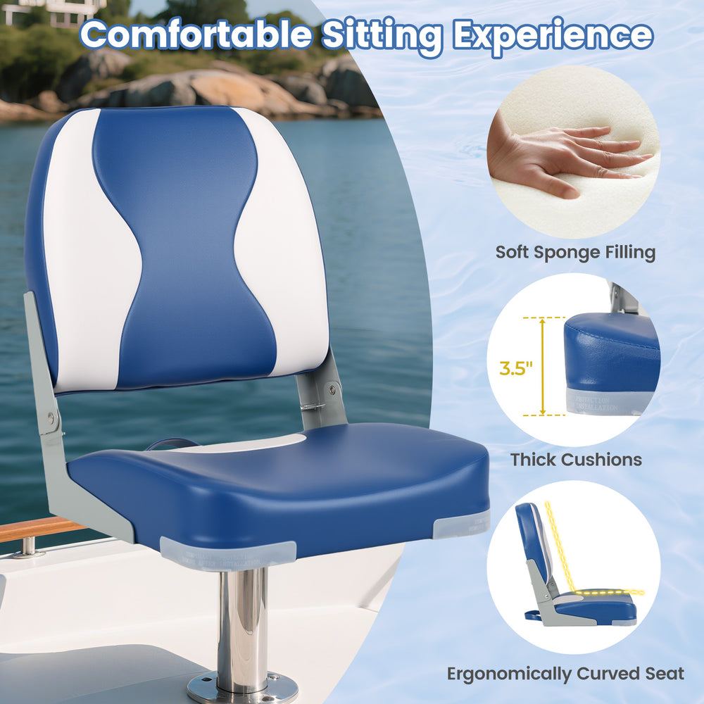 Blue boat seat showcasing thick sponge padding, ergonomic design, and durable PVC leather for comfortable seating.