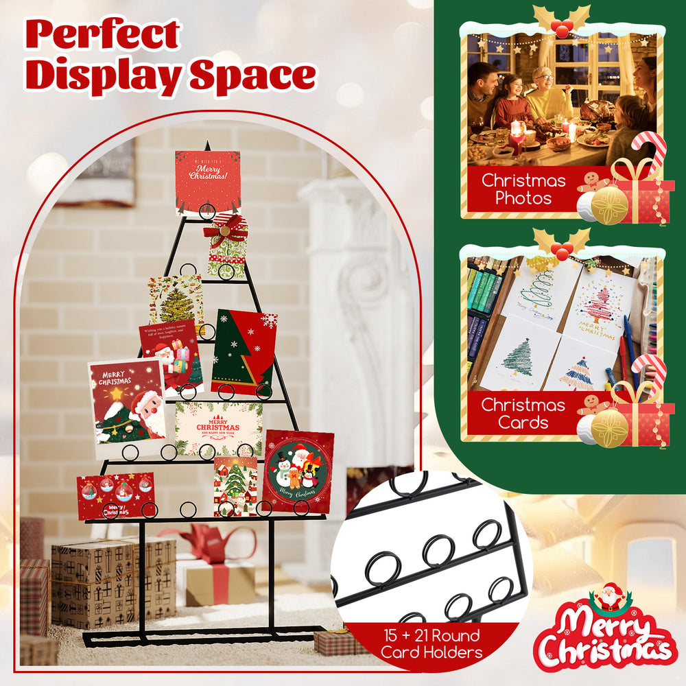Christmas tree photo holder with 36 round clips, sturdy metal frame, ideal for displaying cards and photos in festive.