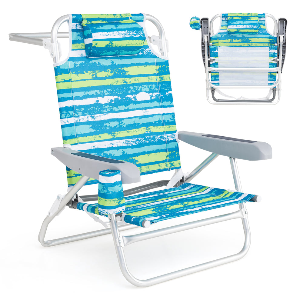 Folding beach chair in blue and green stripes with adjustable positions, head pillow, and cup holder for outdoor.