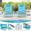 Two folding beach chairs with adjustable positions, padded headrests, and cup holders, perfect for outdoor relaxation.