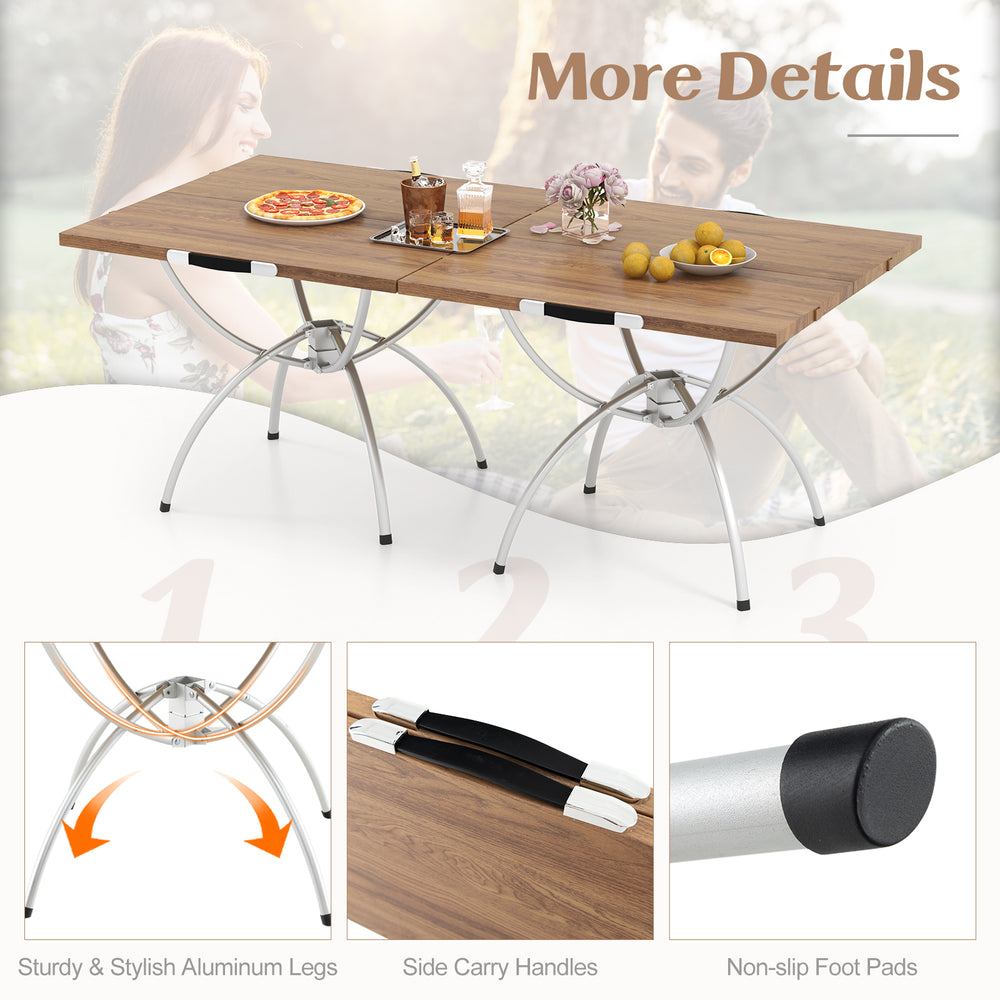 Folding camping table with wood-grain tabletop and aluminum legs, featuring non-slip pads and side carry handles for.