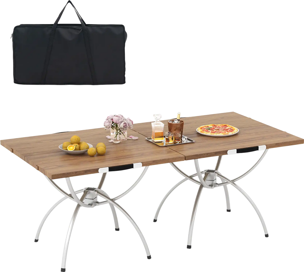 Folding camping table with wood-grain tabletop and aluminum legs, ideal for picnics, camping, and BBQs.