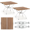 Folding camping tables with wood-grain tabletops and aluminum legs, perfect for hiking, picnics, or BBQs.