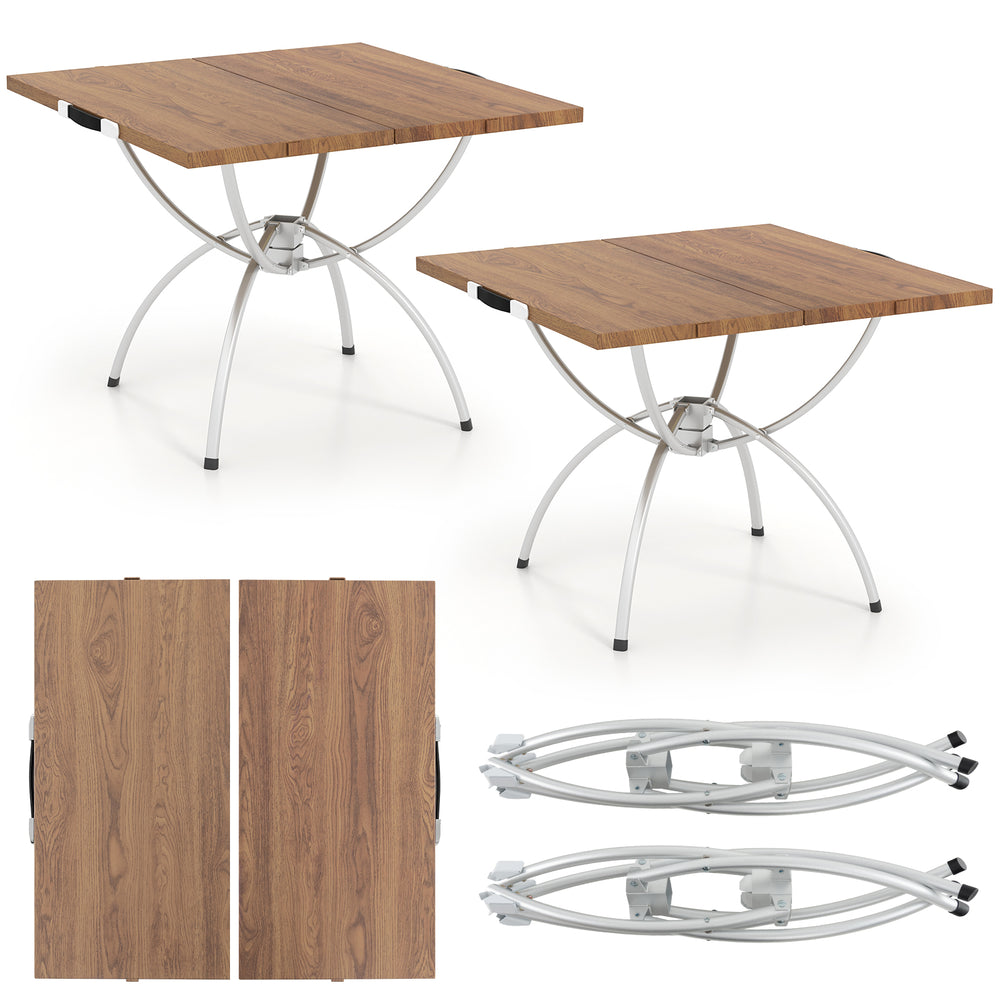 Folding camping tables with wood-grain tabletops and aluminum legs, perfect for hiking, picnics, or BBQs.