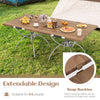 Folding camping table with wood-grain tabletop, suitable for 4-6 people, ideal for picnics and outdoor gatherings.