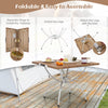 Folding camping table with wood-grain tabletop, aluminum legs, and snap buckles for stability, perfect for outdoor.