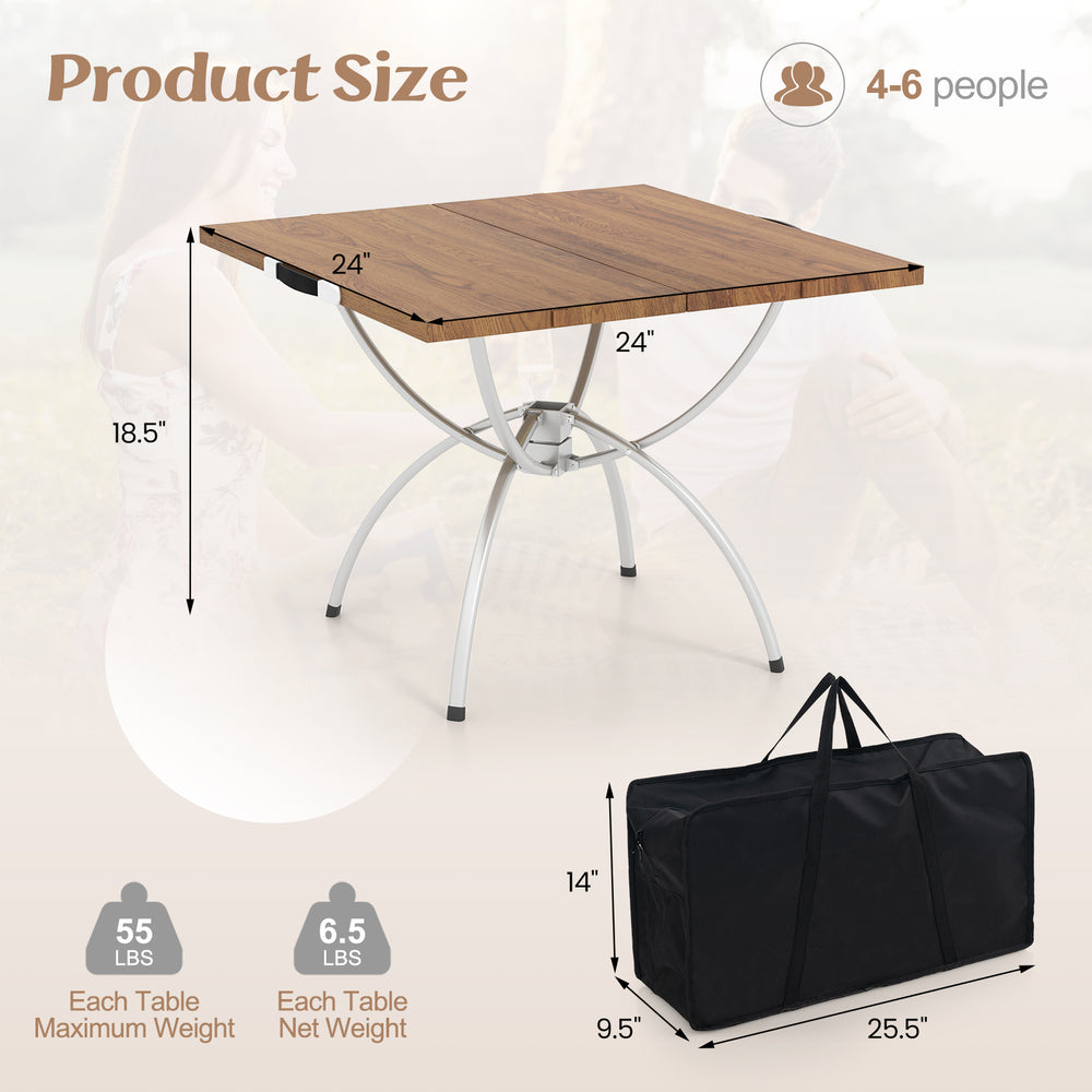 Folding camping table with wood-grain tabletop, aluminum legs, and carrying bag, ideal for outdoor picnics and BBQs.