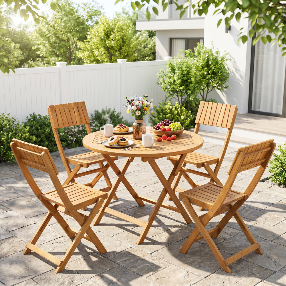 Folding wooden dining chairs with slatted backrest, perfect for outdoor events and space-saving in gardens or patios.