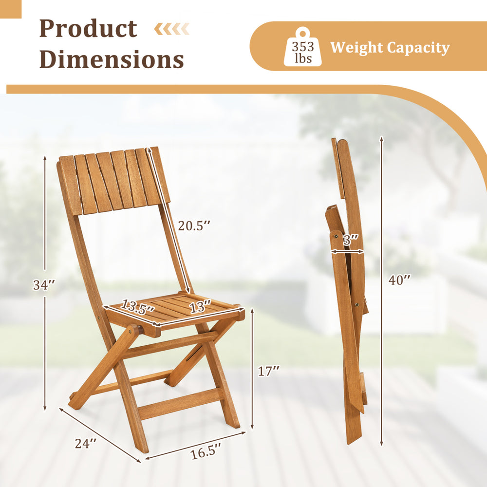 Dimensions of sturdy wood folding chairs with slatted backrest, ideal for outdoor events and space-saving storage.