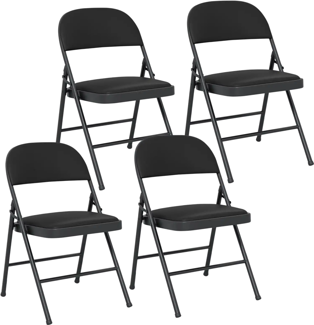 Set of four black folding chairs featuring a metal frame and PVC leather, ideal for indoor and outdoor use.