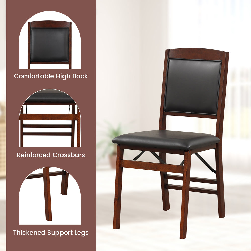Folding dining chair with padded seat, high backrest, and reinforced crossbars for sturdy support and comfort.