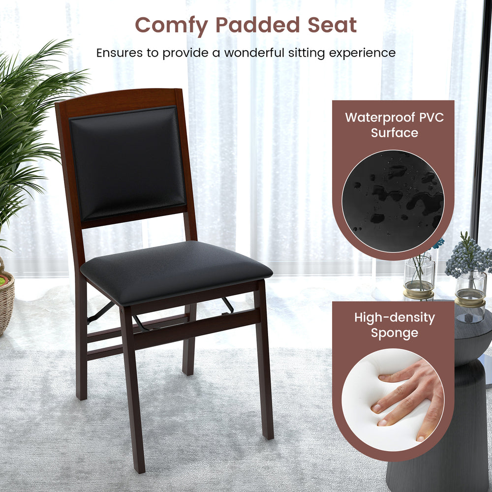 Folding dining chair with padded seat and high backrest in brown, featuring waterproof PVC surface for easy maintenance.