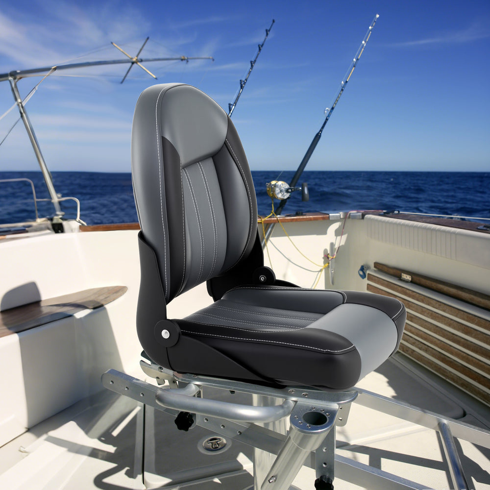 High back boat chair in black and gray with sponge padding, designed for comfort and weather resistance on boats.