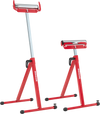 Folding roller stands in red with adjustable height, supporting up to 250 lbs for easy lumber feeding and storage.