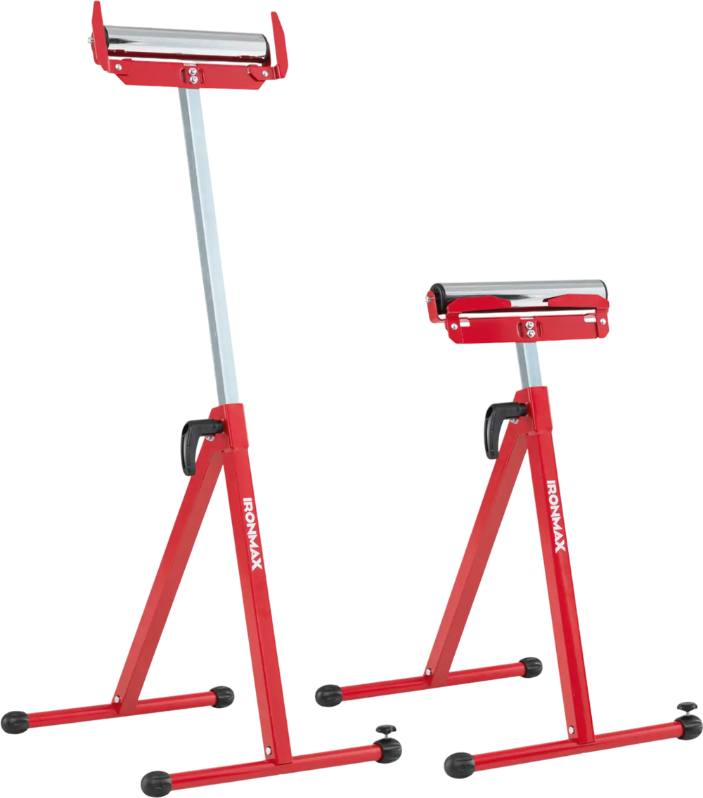 Folding roller stands in red with adjustable height, supporting up to 250 lbs for easy lumber feeding and storage.