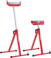 Folding roller stands in red with adjustable height, supporting up to 250 lbs for easy lumber feeding and storage.