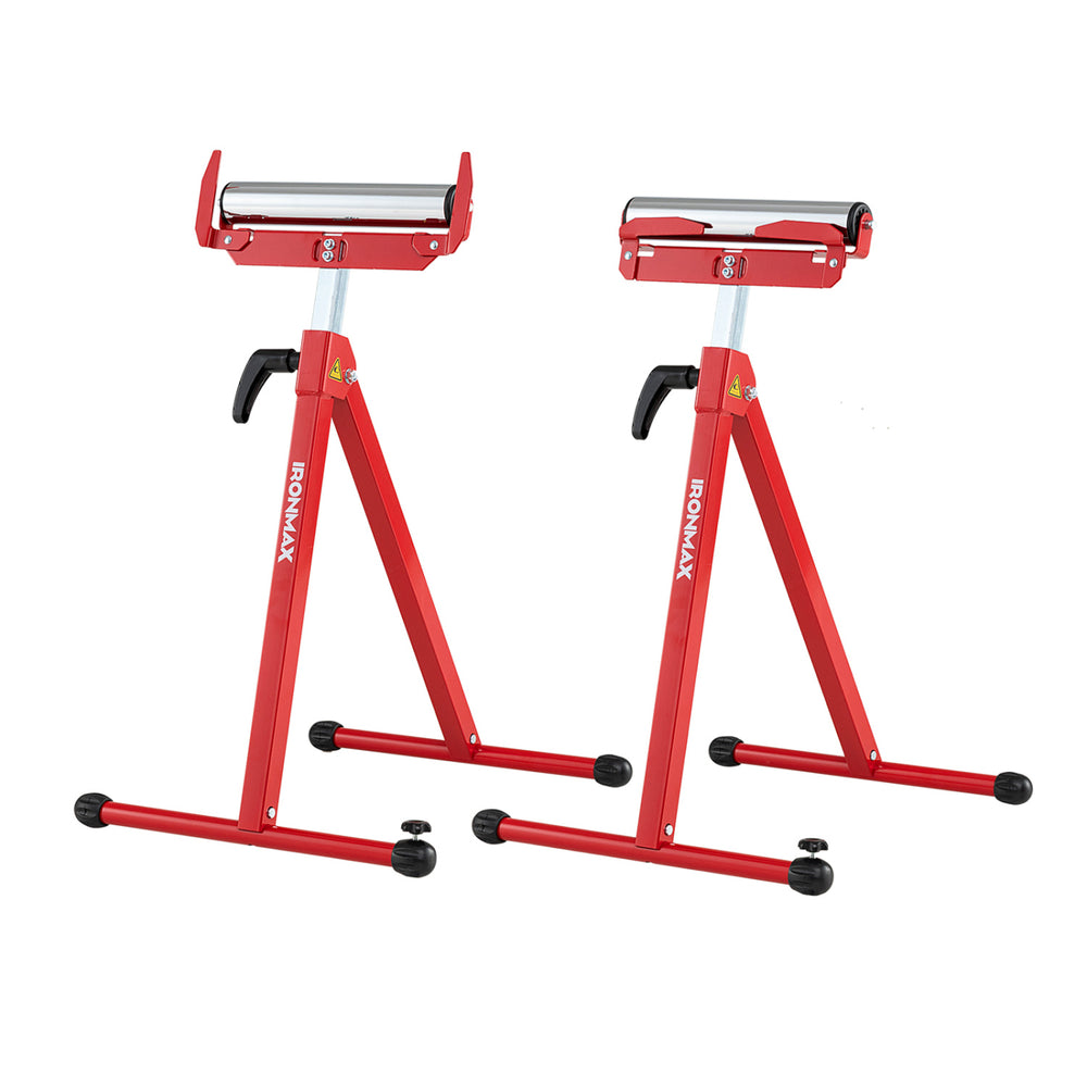 Folding roller stands in red with adjustable height, supporting up to 250 lbs for easy material handling and storage.