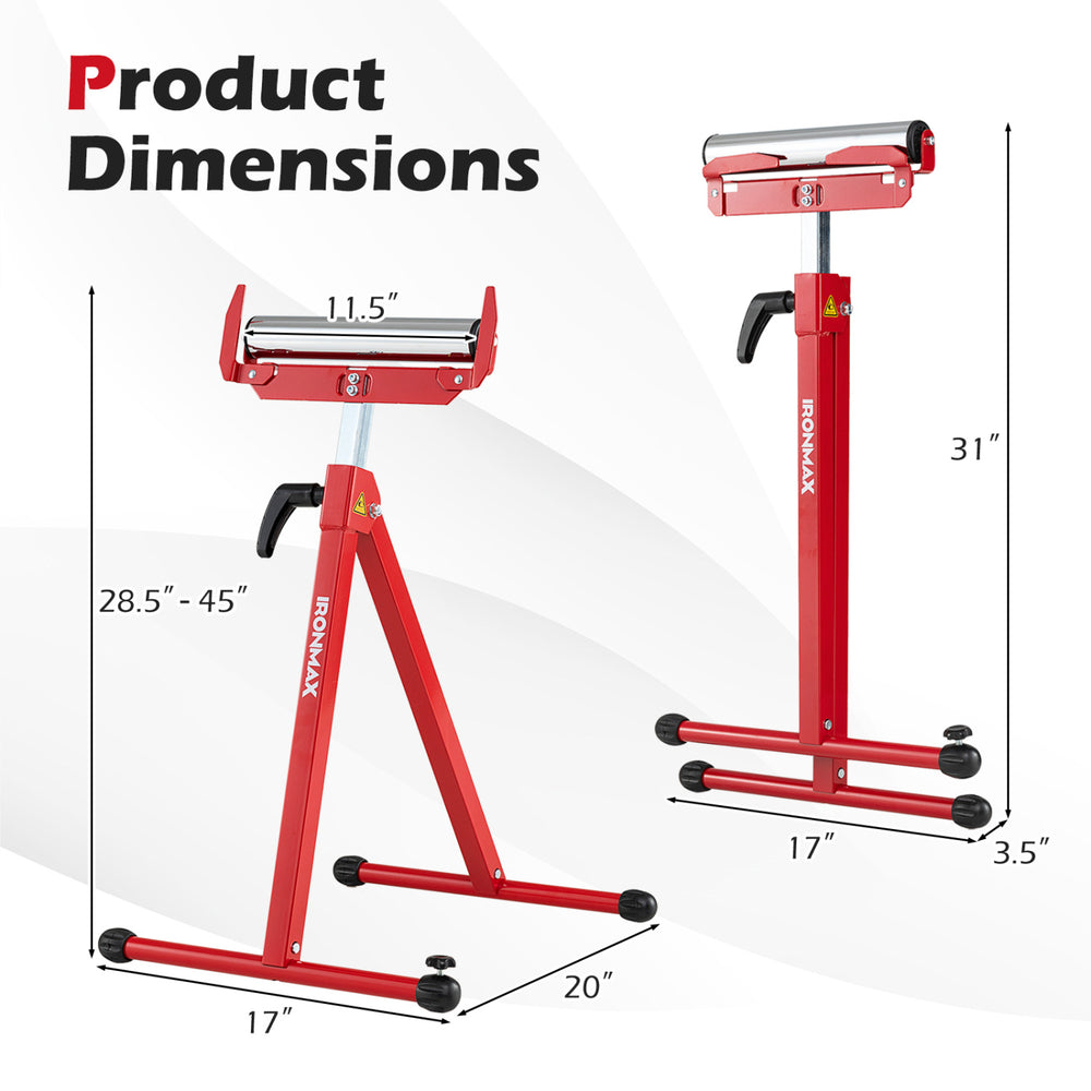 Folding roller stand with adjustable height, red, 28.5-45 inches, supports 250 lbs, ideal for lumber feeding.