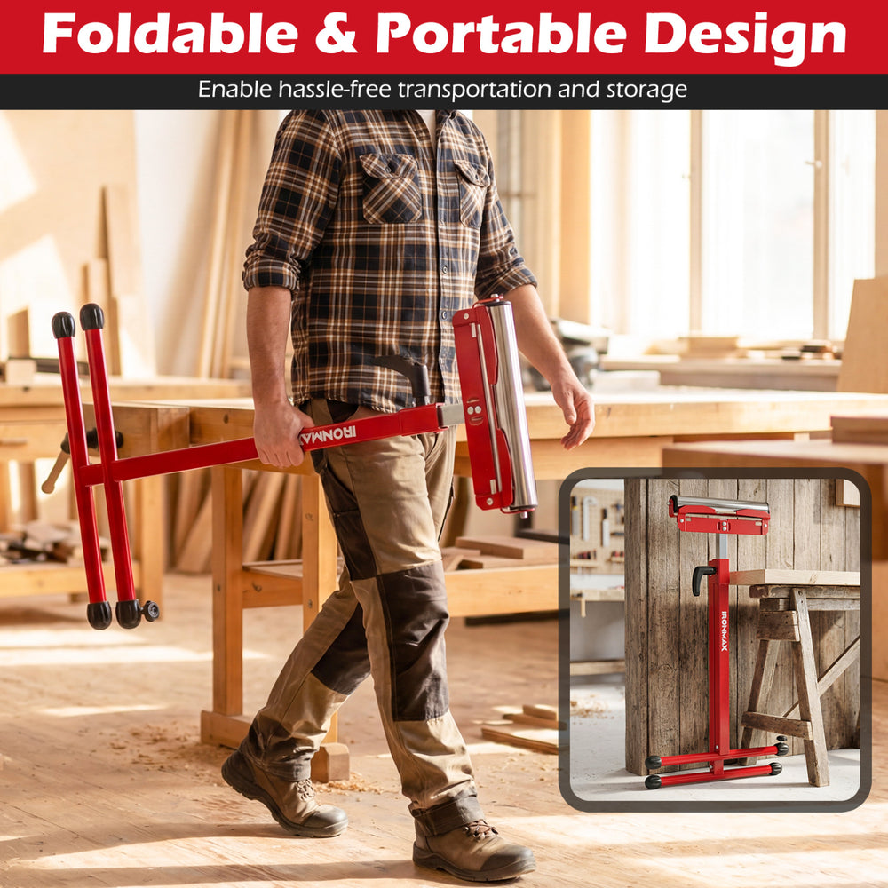 Folding roller stand in red, adjustable height 28.5-45 inches, designed for portable outfeed support and easy storage.