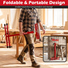 Folding roller stand in red, adjustable height 28.5-45 inches, designed for portable outfeed support and easy storage.