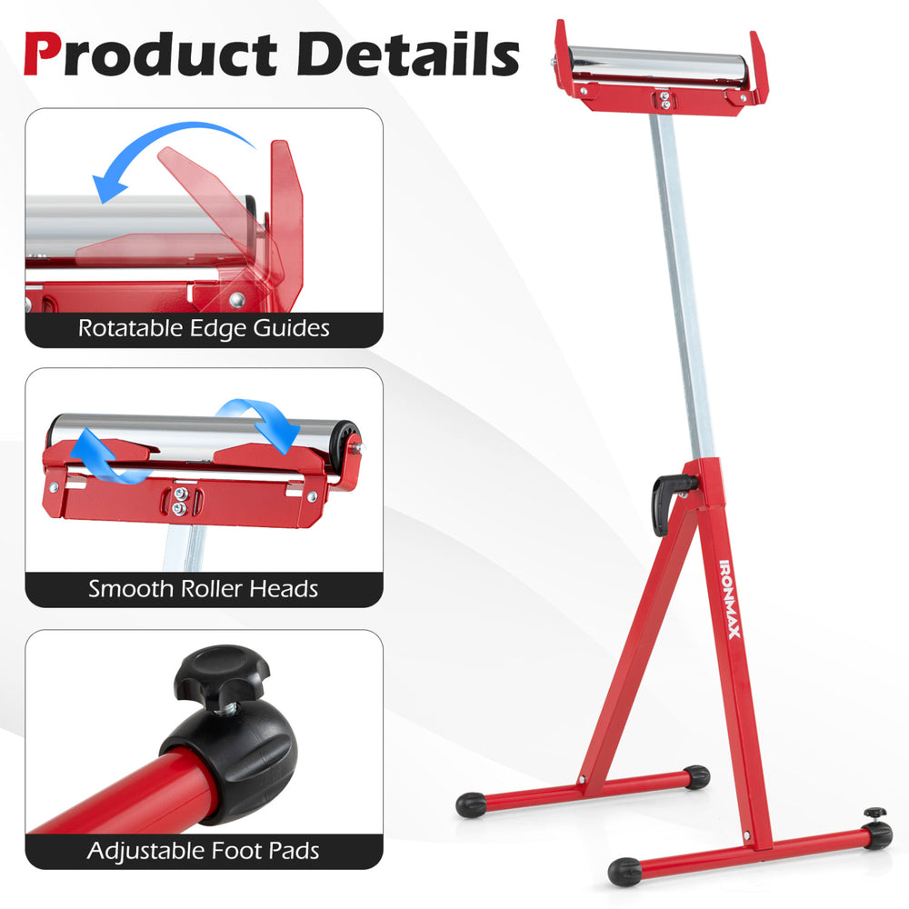 Folding roller stand with adjustable height, smooth roller heads, and edge guides for stable lumber feeding support.