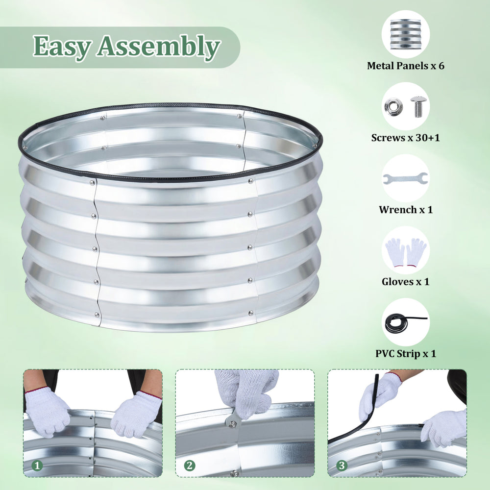 Galvanized raised garden bed kit with six metal panels, screws, wrench, and gloves for easy outdoor assembly.