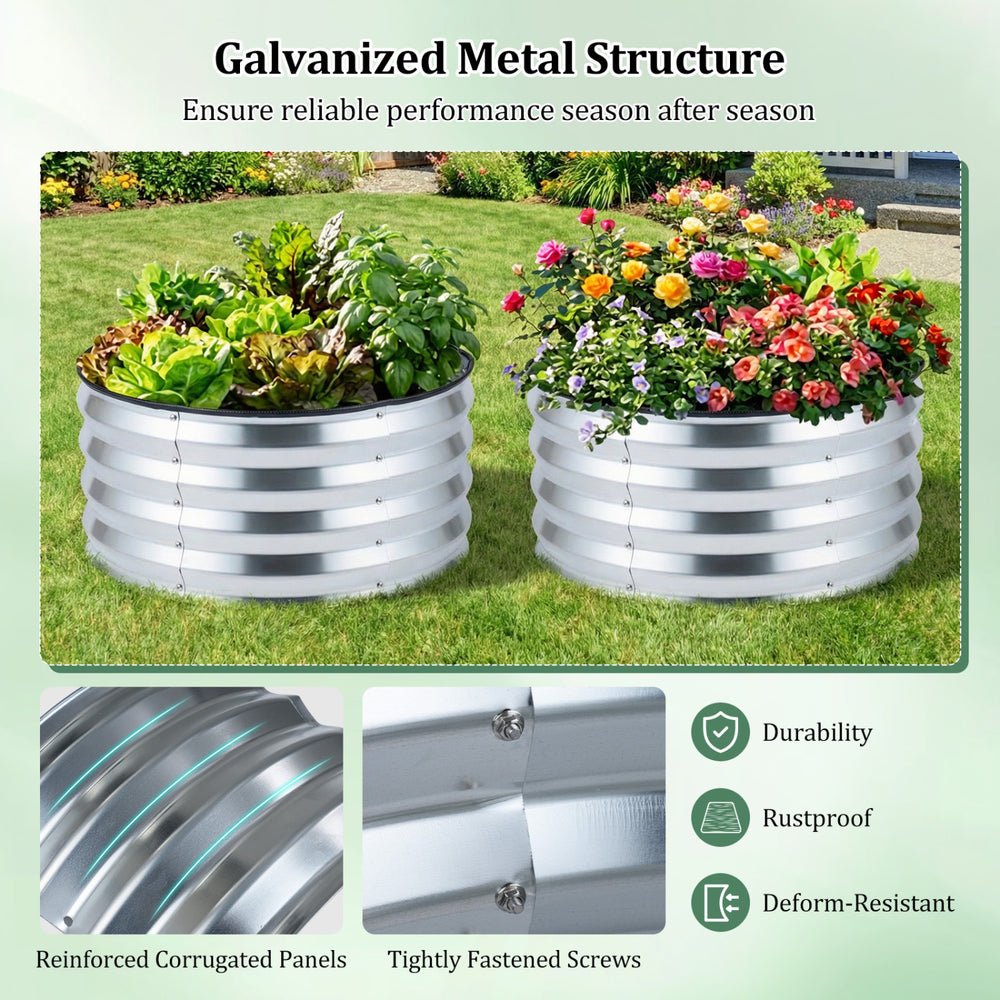 Galvanized raised garden bed kit featuring corrugated metal design, PVC top edging, and spacious planting area for.