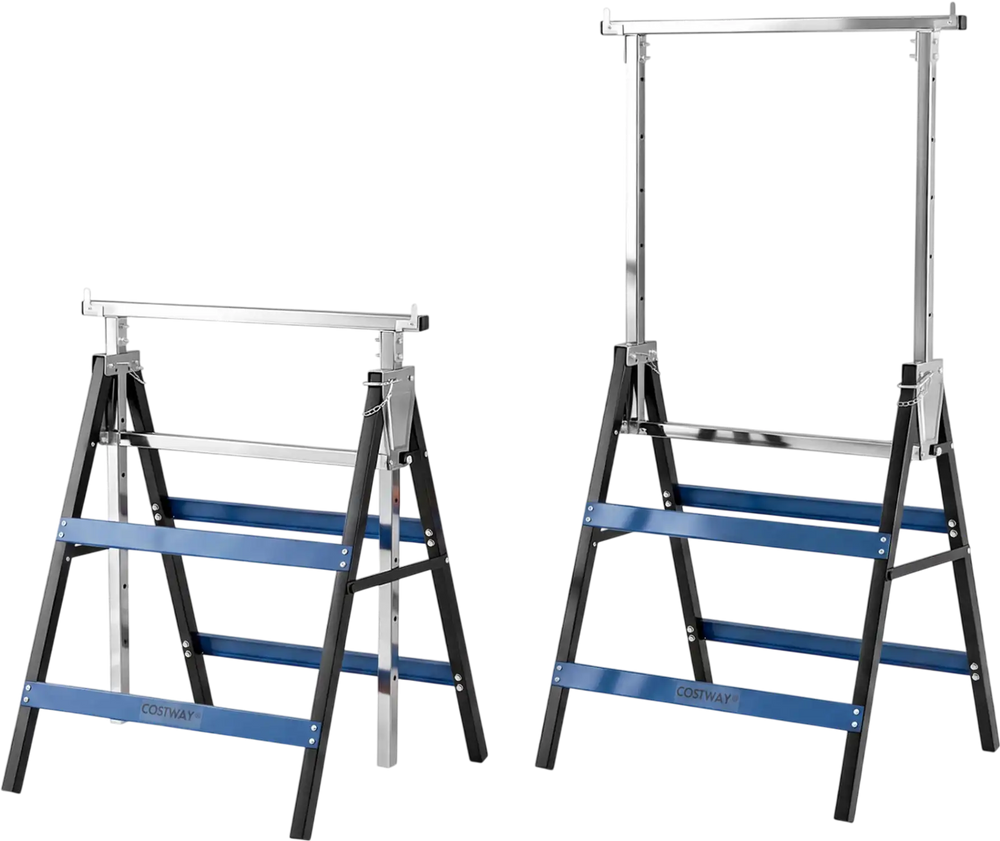 Heavy duty metal folding saw horses in blue with adjustable height and a foldable design for easy transport and storage.