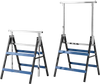 Heavy duty metal folding saw horses in blue with adjustable height and a foldable design for easy transport and storage.