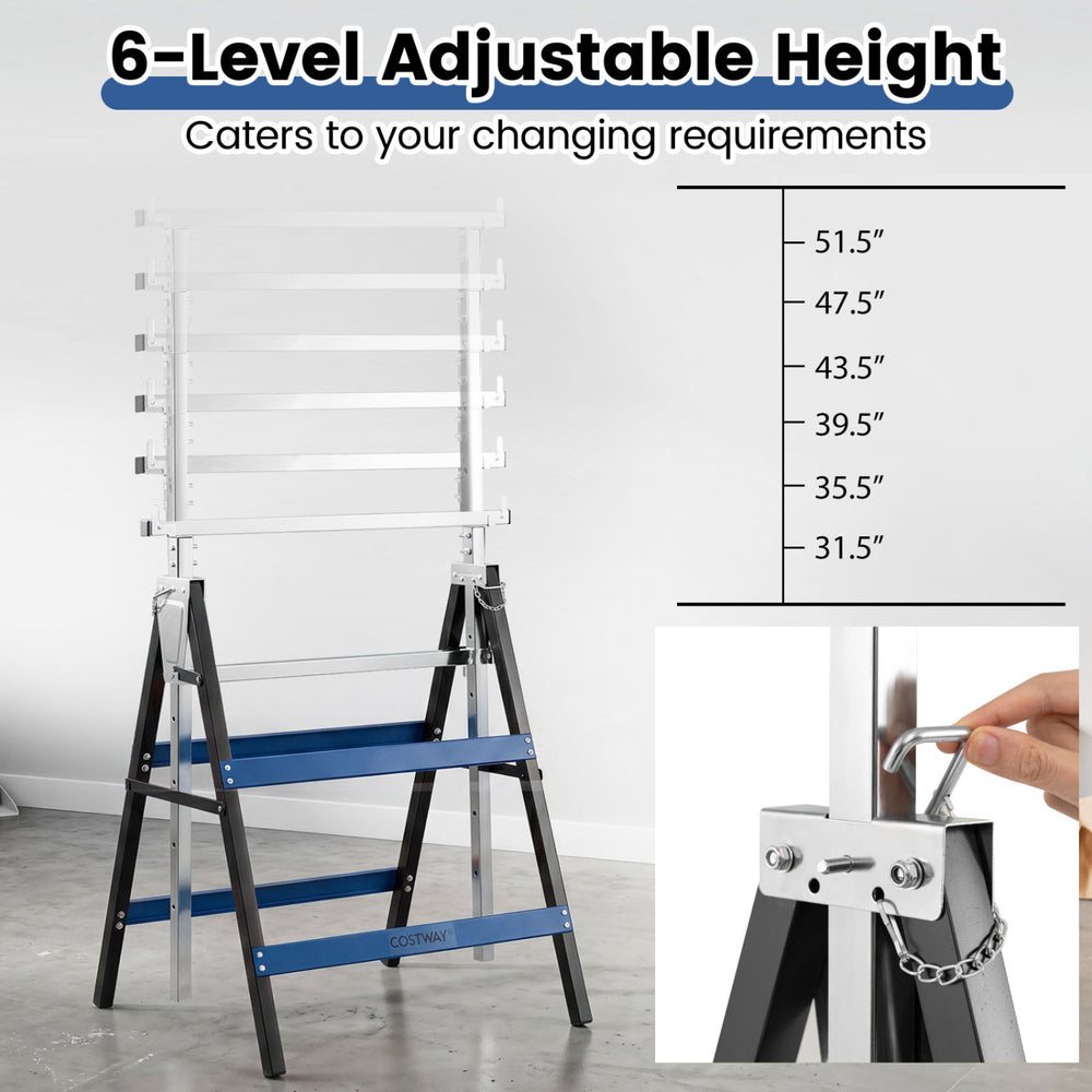 Heavy-duty metal folding saw horse with 6-level adjustable height and triangular side structures for enhanced stability.