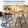 Heavy duty metal folding saw horses with adjustable height, designed for stability and weight capacity in workshops.